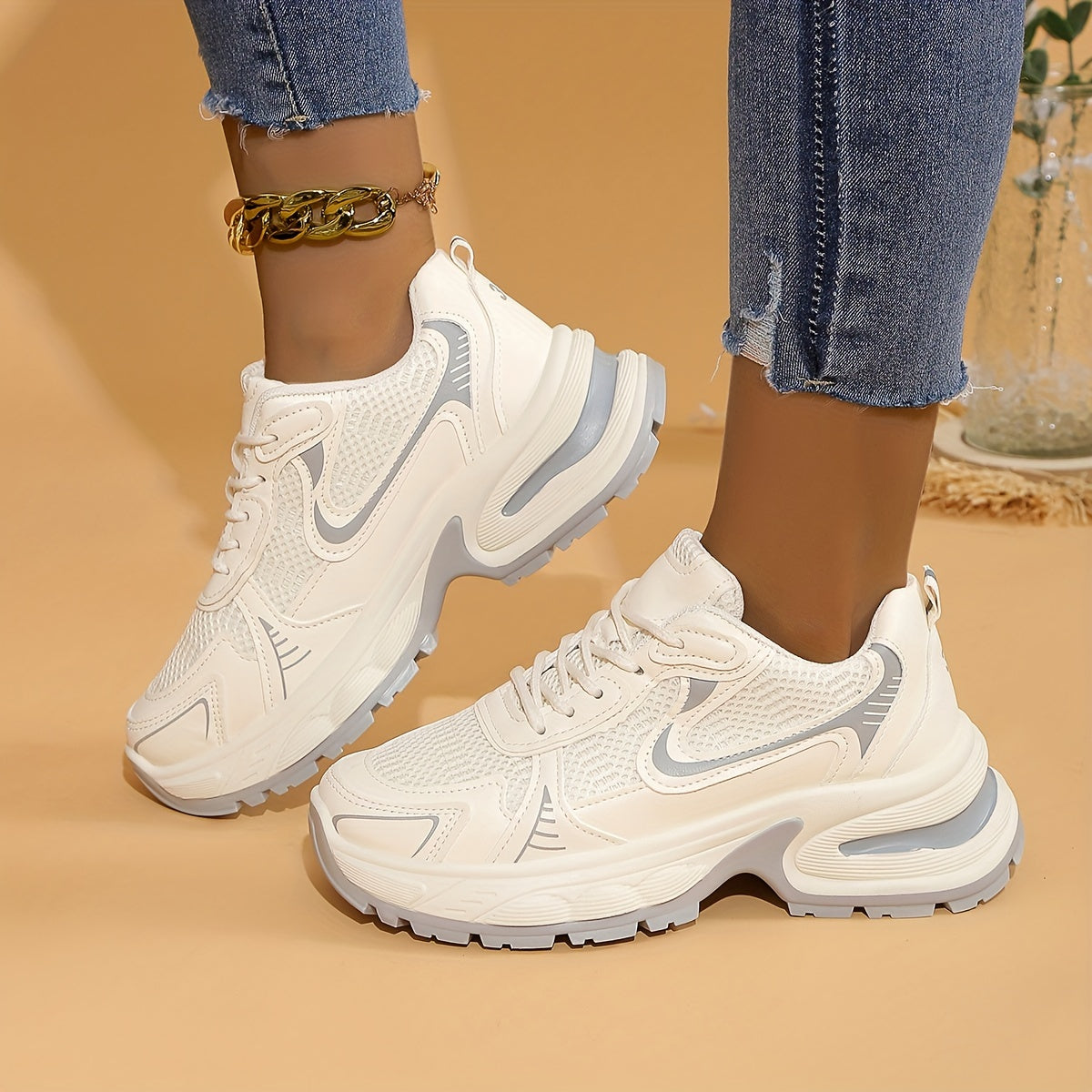 Baskets épaisses à la mode, chaussures de sport à plateforme basse en maille respirante