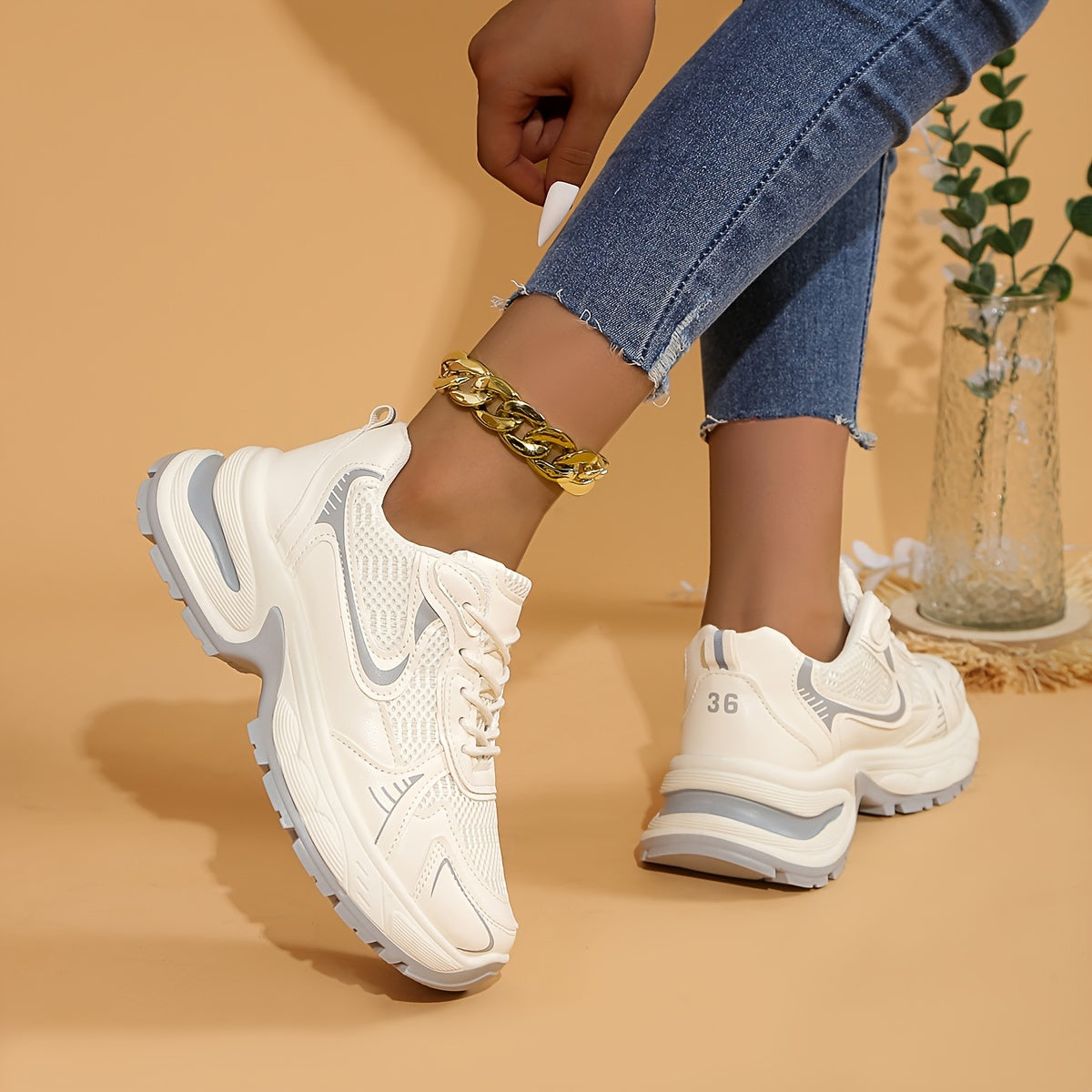 Baskets épaisses à la mode, chaussures de sport à plateforme basse en maille respirante