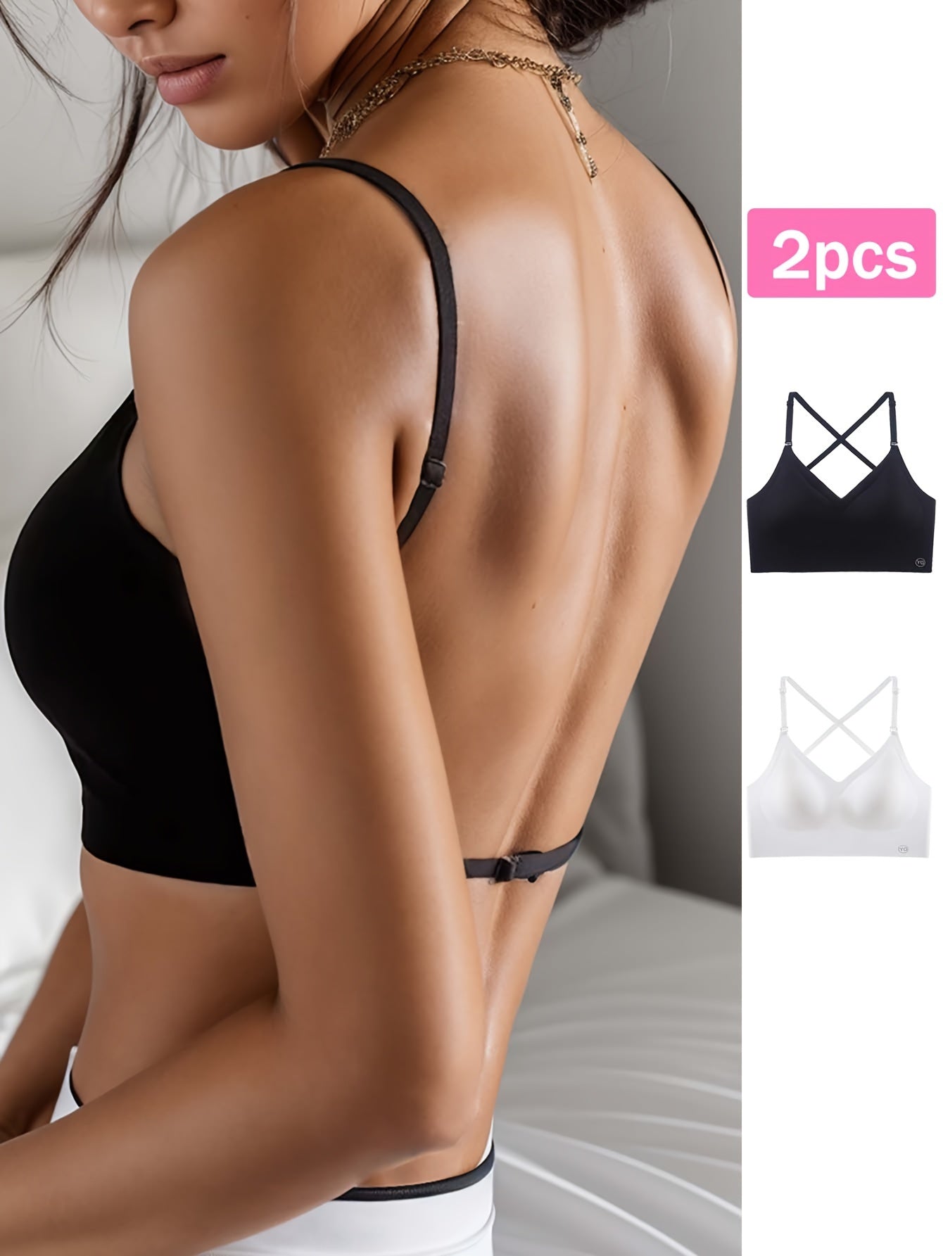 2 pièces soutien-gorge sans couture, dos nu en U, respirant et confortable avec bretelles réglables