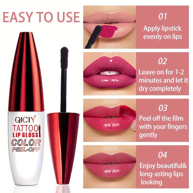 QICY Tattoo Lip Gloss Peel-Off, Rouge à lèvres liquide hydratant longue durée