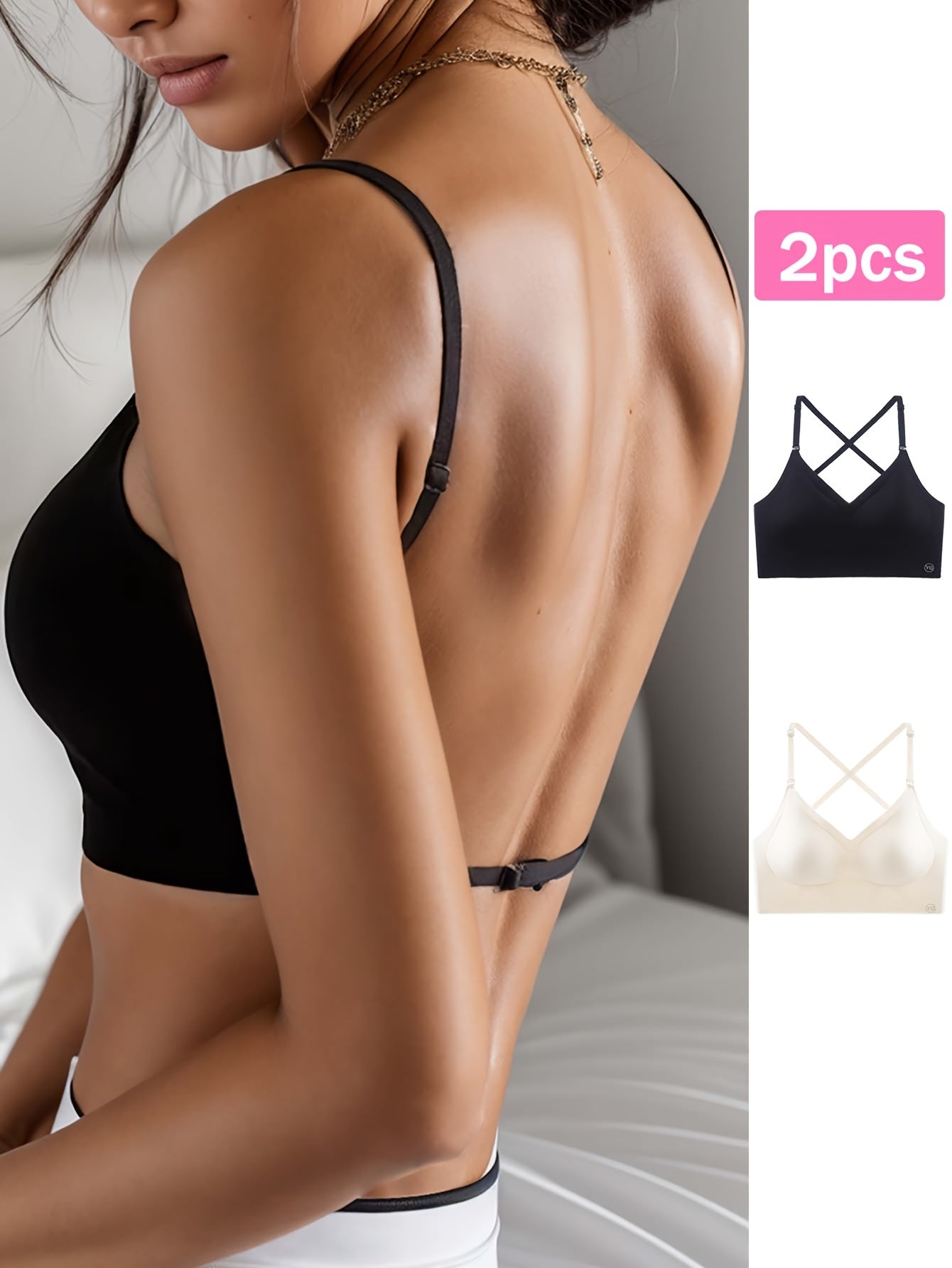 2 pièces soutien-gorge sans couture, dos nu en U, respirant et confortable avec bretelles réglables