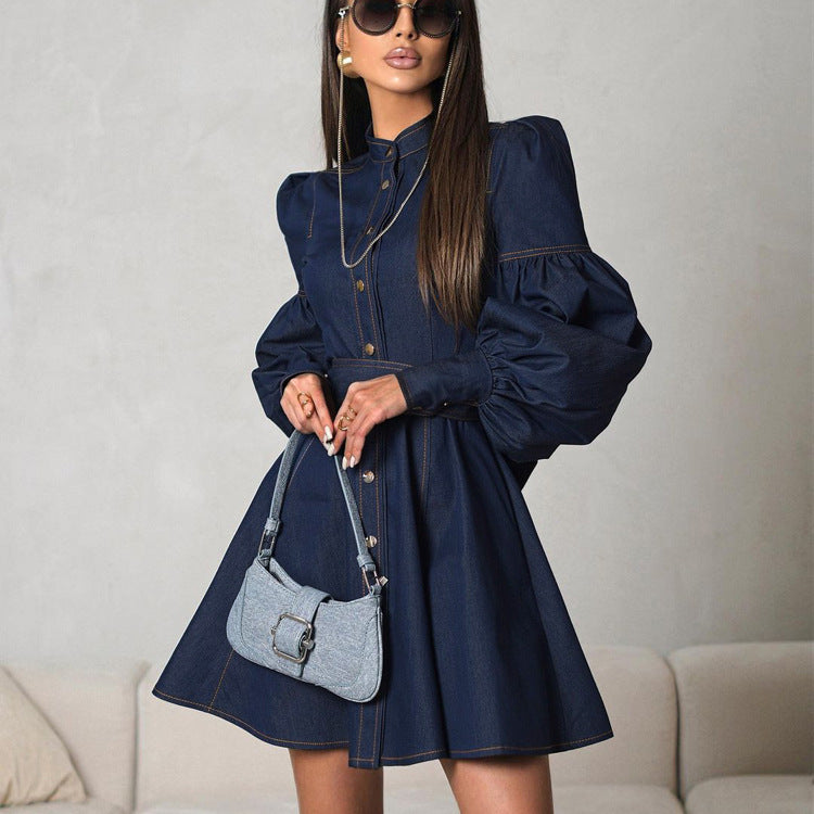 Robe chemise en denim à dentelle à manches lanterne