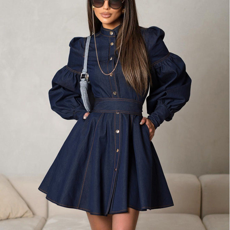 Robe chemise en denim à dentelle à manches lanterne
