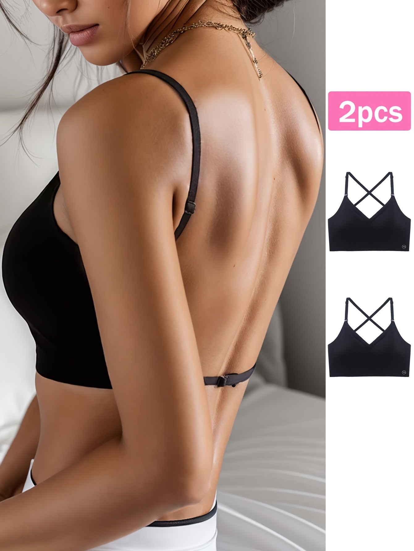 2 pièces soutien-gorge sans couture, dos nu en U, respirant et confortable avec bretelles réglables