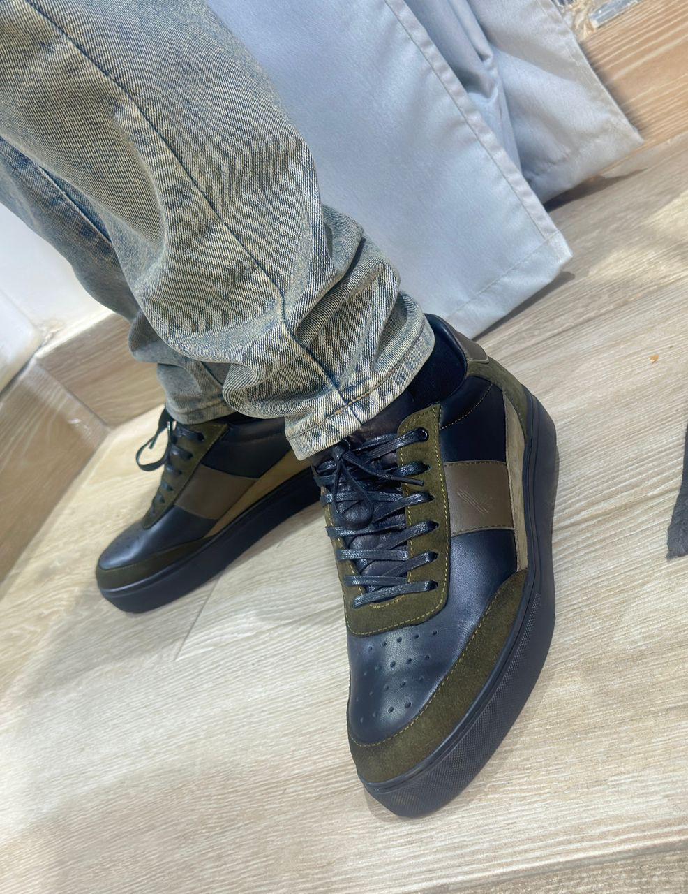 Sneakers Casual-Chic en Cuir Noir et Suède Vert Kaki