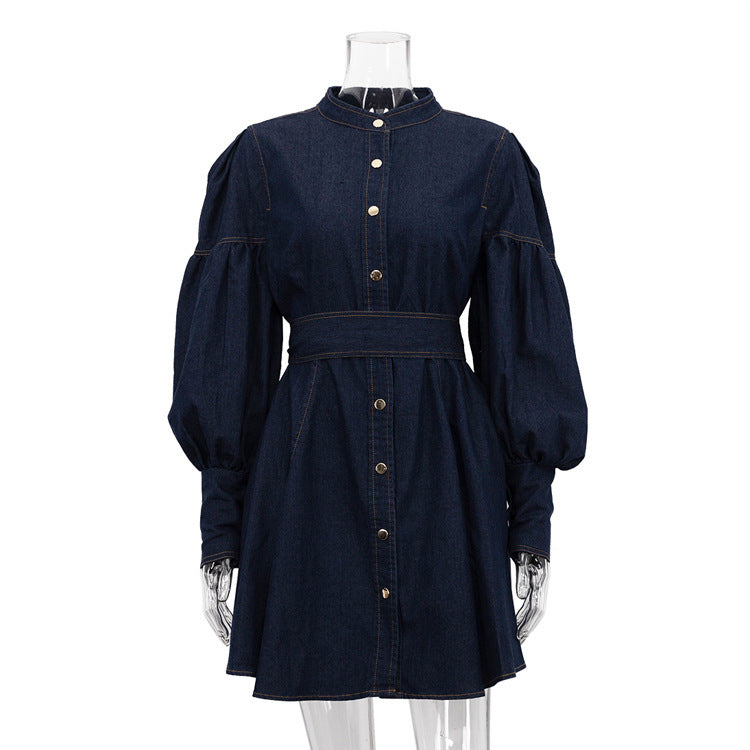 Robe chemise en denim à dentelle à manches lanterne