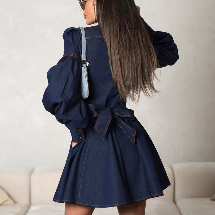 Robe chemise en denim à dentelle à manches lanterne